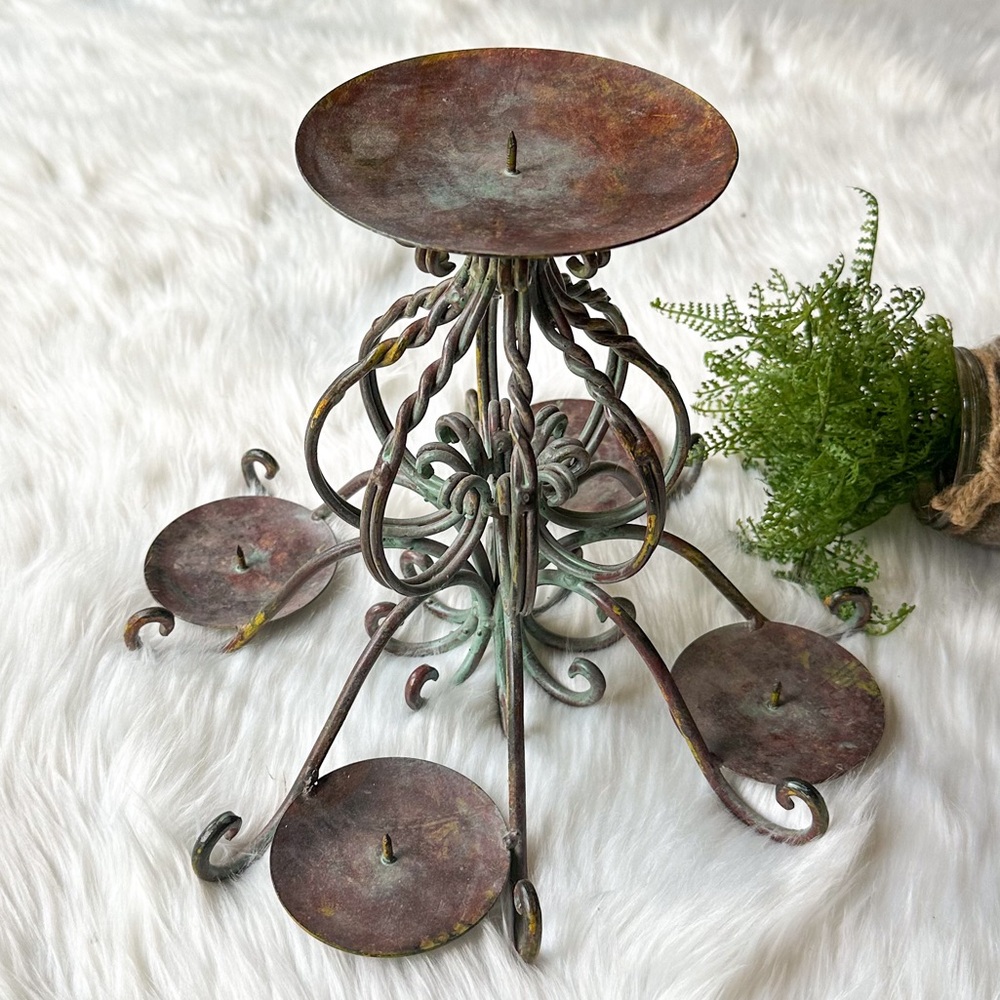 5 Pillar Candle Holder Blue Wrought Iron Candelabra Scroll Distress Boho Vintage
